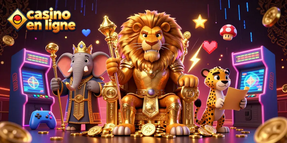 Découvrez le royaume du casino en ligne avec un roi lion majestueux et ses conseillers entourés de jeux colorés.