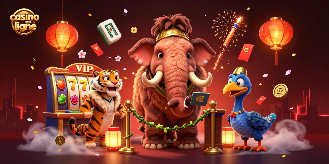 Accédez à l'univers du casino en ligne avec un mammouth bouncer, un tigre VIP et un dodo à l'accueil.