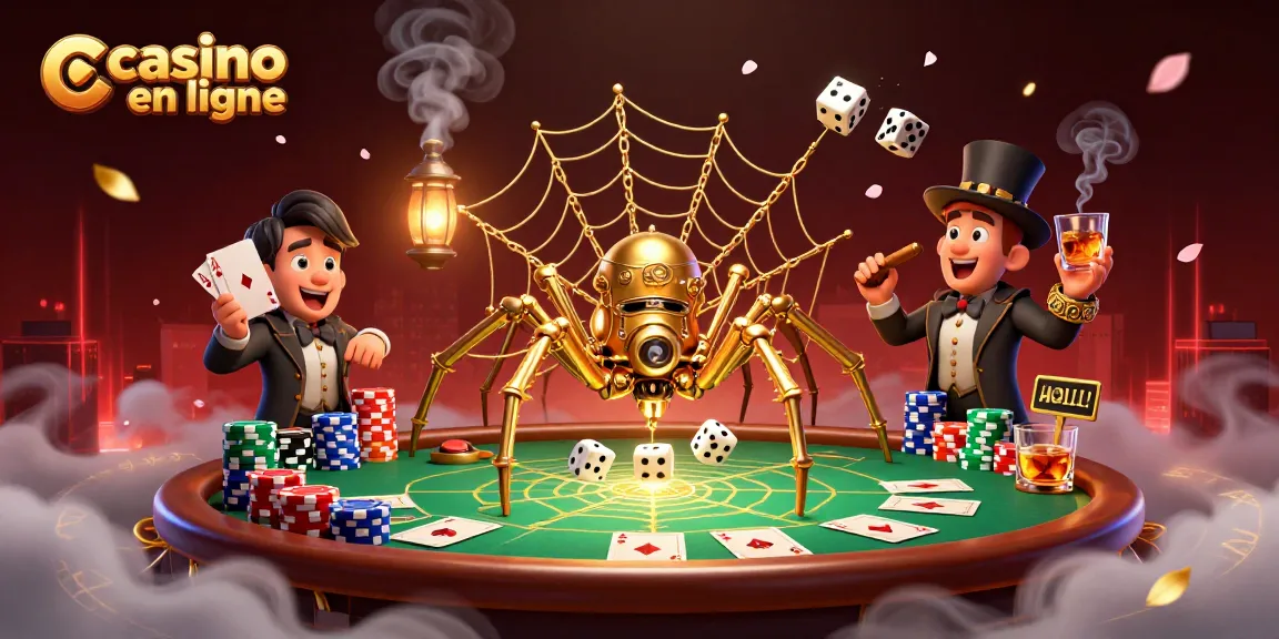 Illustration captivante représentant un casino en ligne animé avec une araignée steampunk dorée.