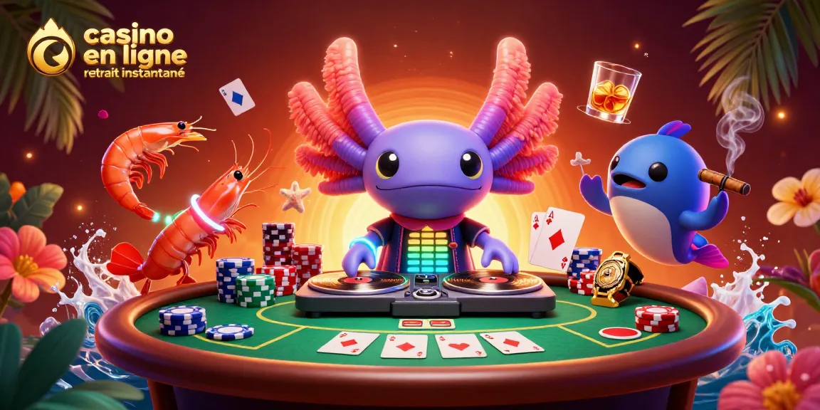 Une animation vibrante des jeux de casino en ligne avec retrait instantané, où un axolotl DJ anime la fête.