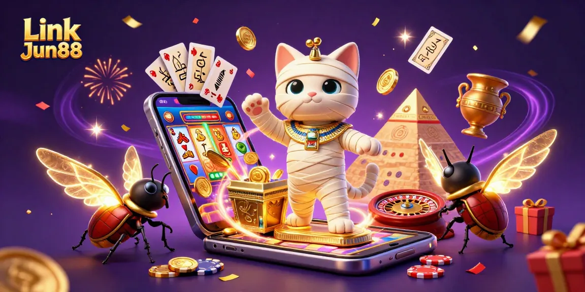 Engage with Link Jun88 at the online casino featuring a dynamic 3D scene of gaming excitement.