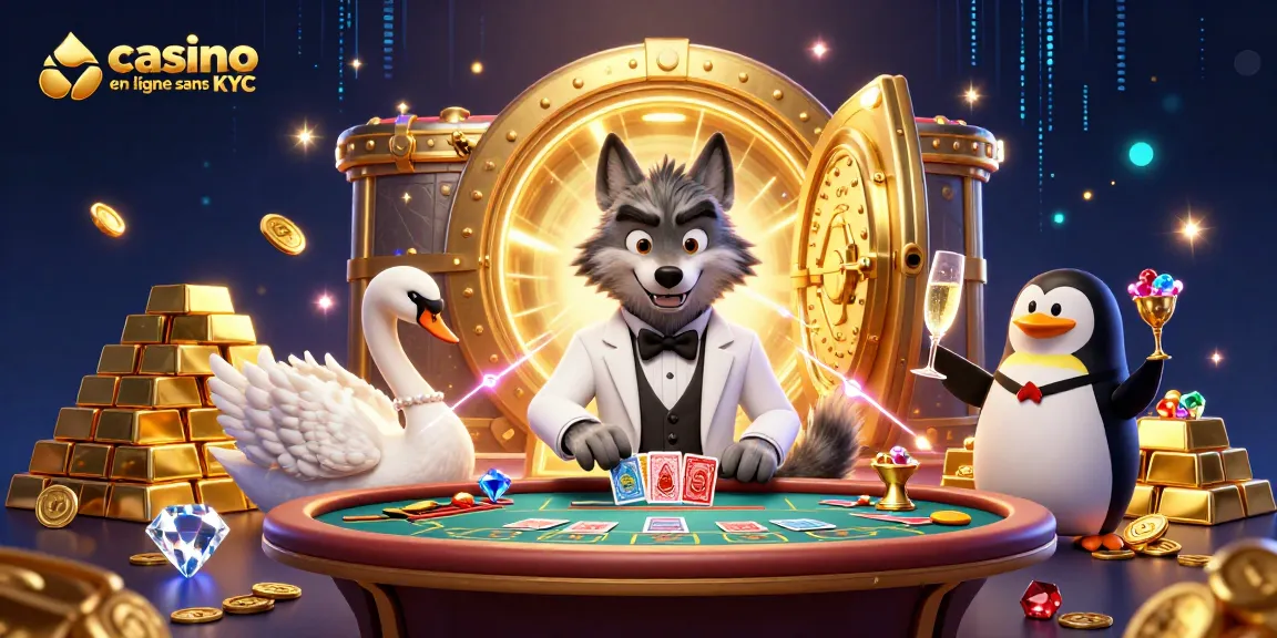 Illustration d'un casino en ligne sans KYC avec un loup élégant, un cygne et un pingouin sommelier.