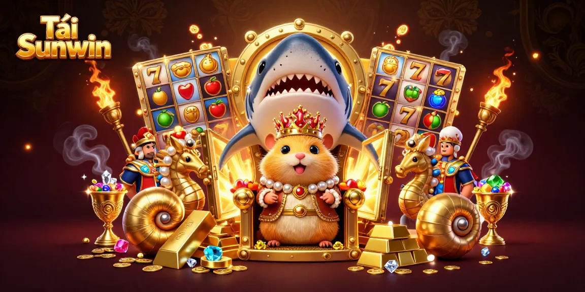 Tải Sunwin showcases a powerful hamster king among treasures and slot reels, embodying a vibrant casino theme.