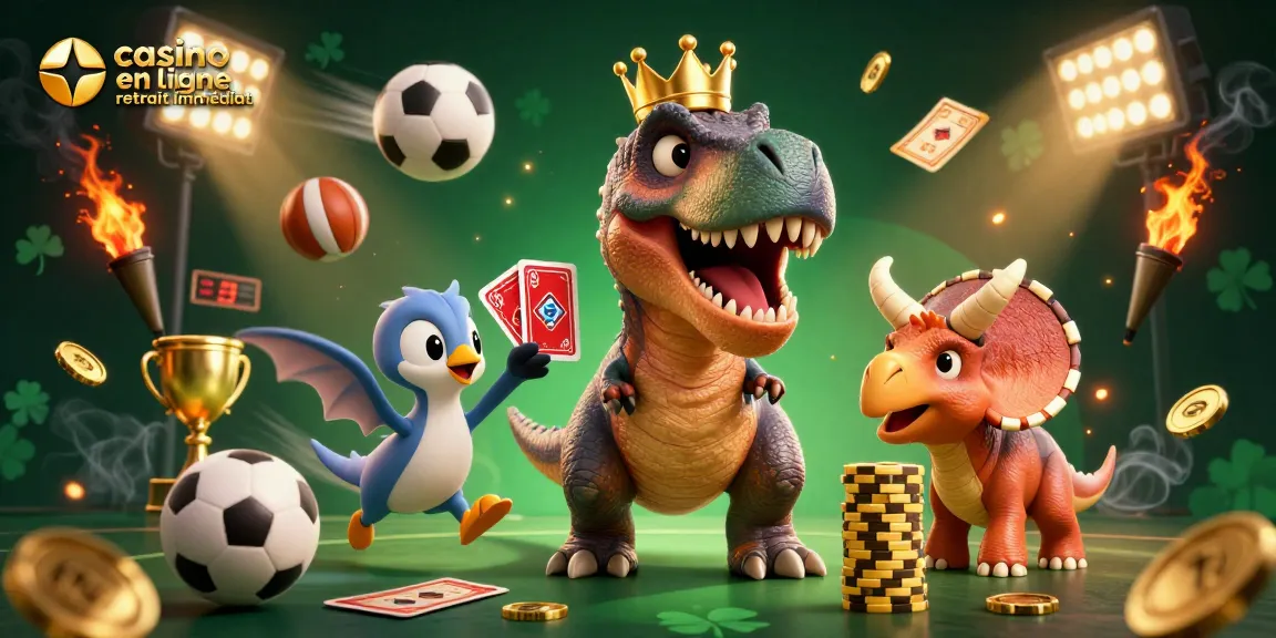 Illustration de casino en ligne retrait immédiat avec des dinosaures jouant aux cartes et empilant des jetons d'or.
