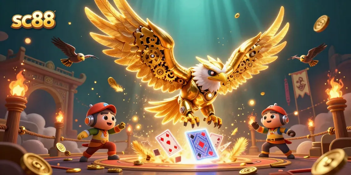 Experience sc88 excitement with a cybernetic eagle soaring through vibrant casino elements and dynamic gaming action.