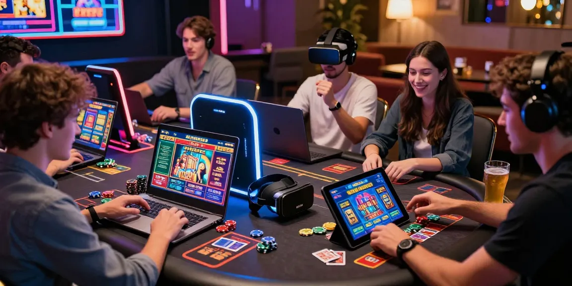 Expérience de casino en ligne avec des joueurs profitant de jeux numériques sur tablettes et ordinateurs, ambiance festive et engageante.