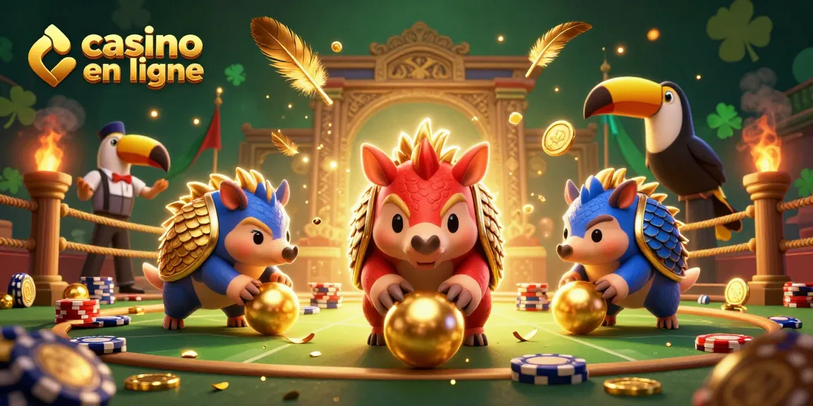 Jouez au casino en ligne avec des pangolins colorés et des jetons de poker dans une scène animée.