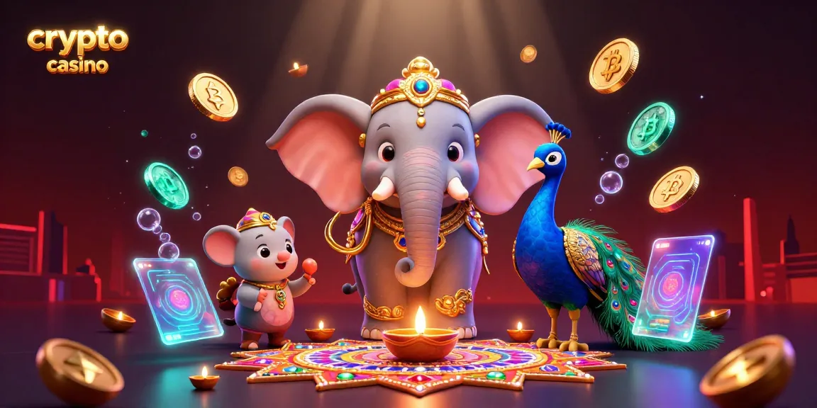 Une scène dynamique dans un crypto casino mettant en avant un éléphant et un paon, entourés de pièces de Bitcoin et d'Ethereum.