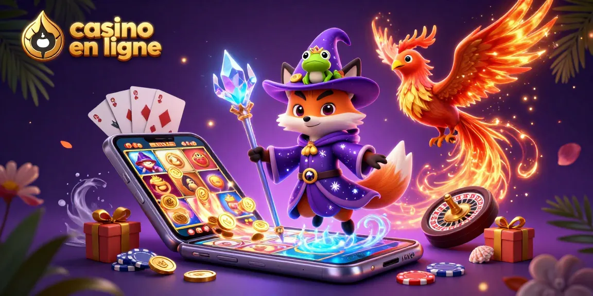 Examiner le casino en ligne dynamique avec un renard sorcier 3D et un compagnon phénix, entouré de jeux.