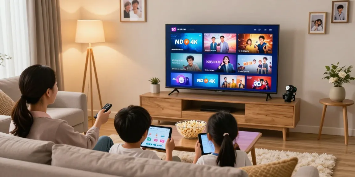 Famille profitant de l'abonnement Iron tv pro en streaming HD et 4K dans un salon confortable.
