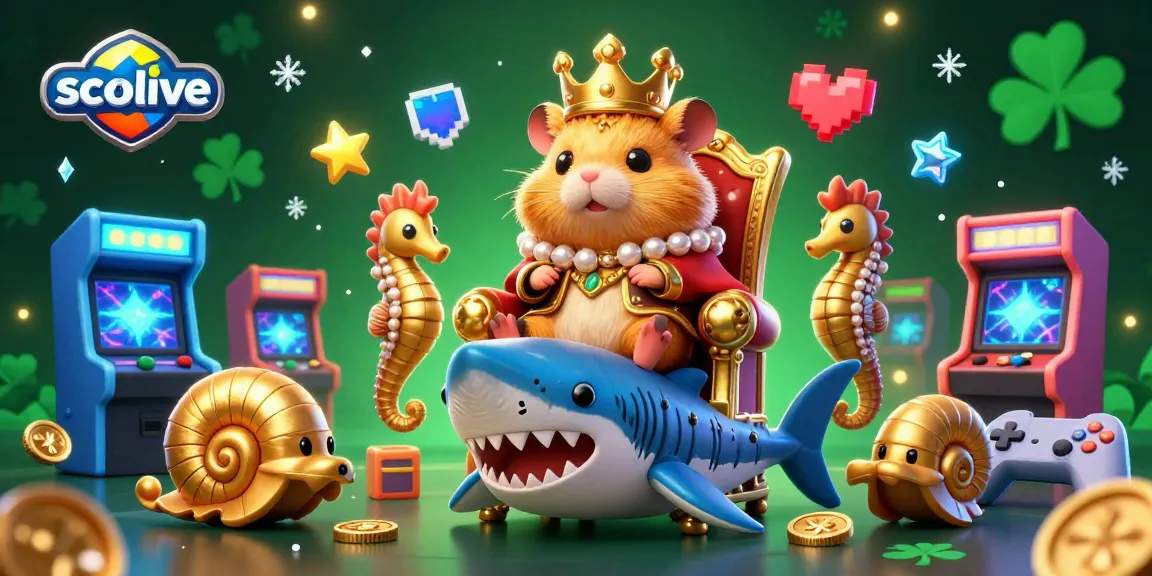 Socolive captures a vibrant 3D scene with a hamster king on a shark throne among arcade games and royal guards.