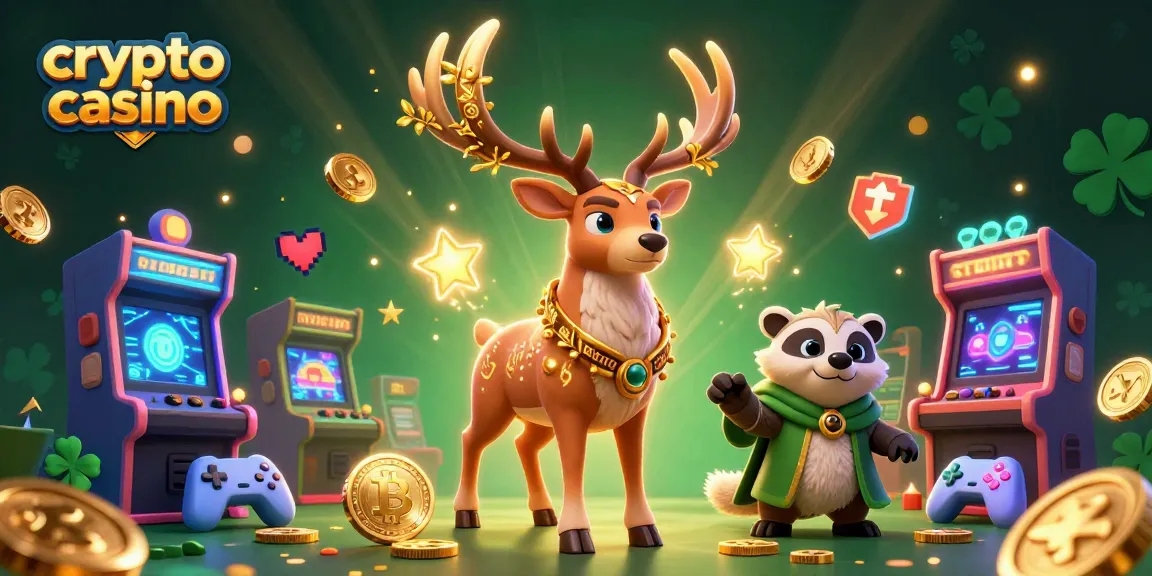 Visualisez un crypto casino animé avec un cerf druidique et un blaireau sages, entourés d'éléments de jeu.