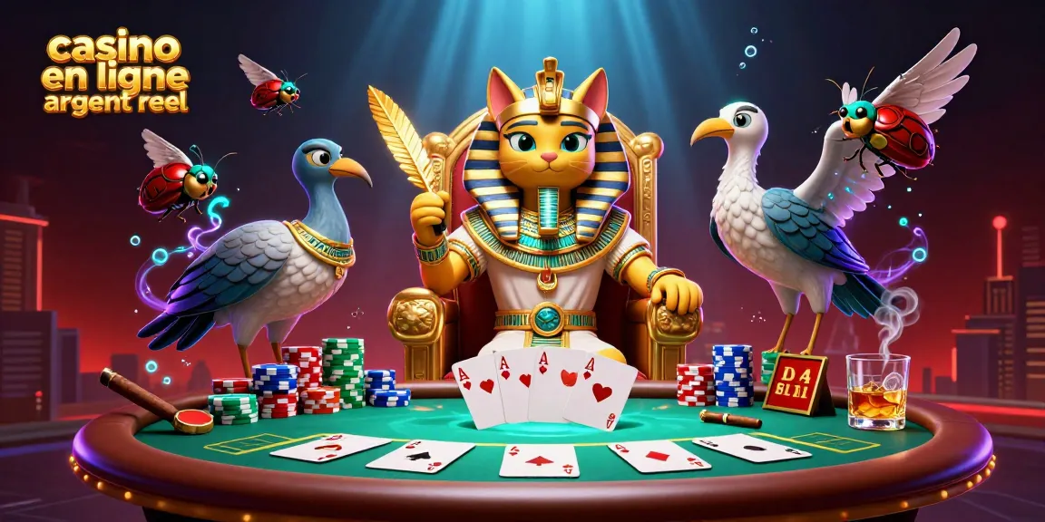 Illustration dynamique représentant un casino en ligne argent réel avec des personnages colorés et des éléments de poker.