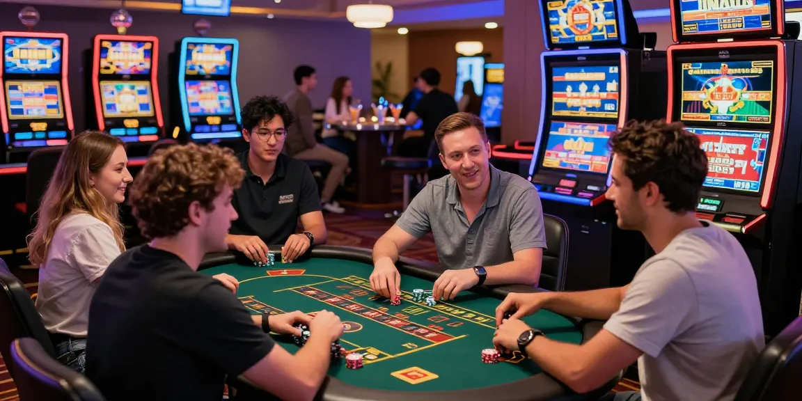 Scène dynamique d'un casino en ligne avec joueurs profitant de jeux de table et machines à sous, évoquant l'excitation du jeu en ligne.
