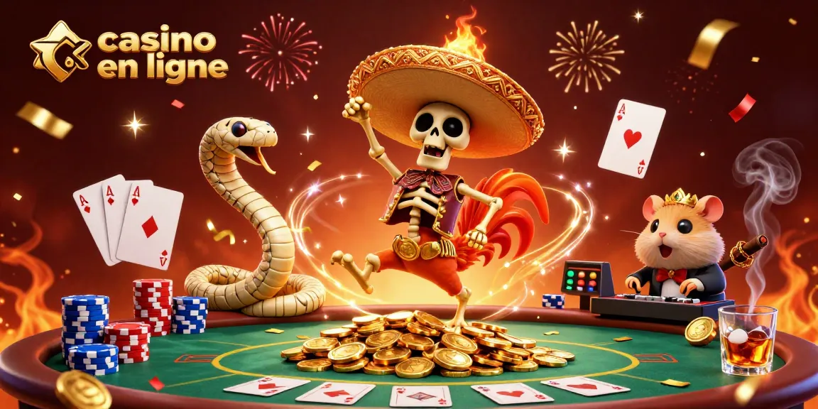 Jouez au casino en ligne avec des personnages de fête, des jetons de poker et des billets gagnants qui dansent sur des pièces d'or.
