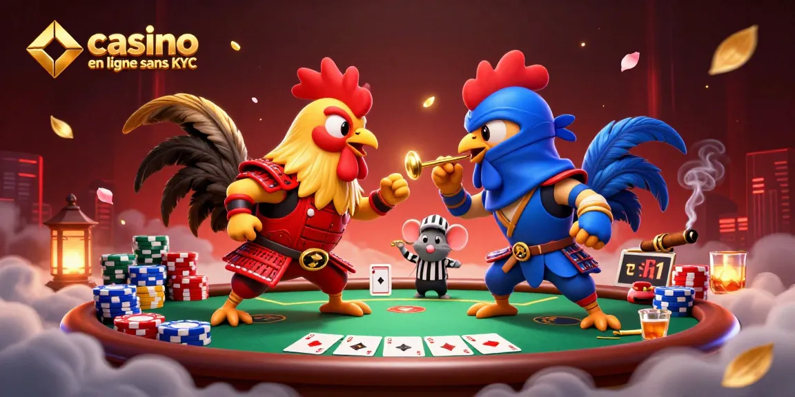 Jouez sur un casino en ligne sans KYC avec des scènes de combat de coqs captivantes et des éléments de poker dynamiques.