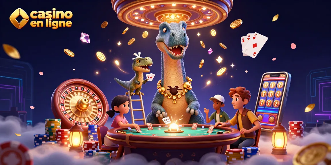 Illustration 3D d'un casino en ligne avec un brontosaurus et un raptor animant une table de poker.
