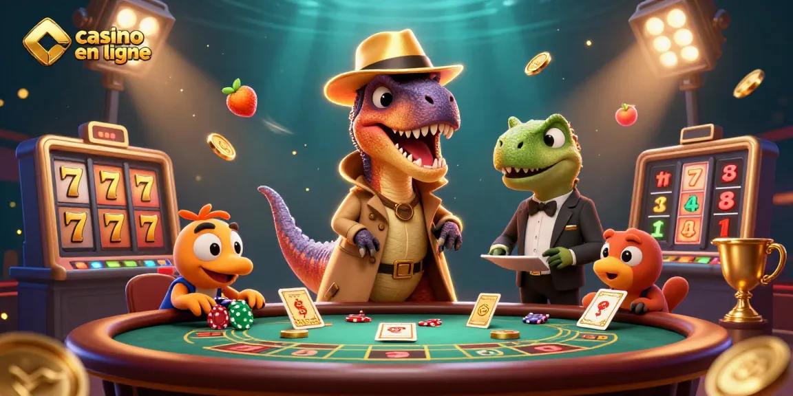 Jeux de casino en ligne avec une illustration de velociraptor et éléments de jeu dynamiques.