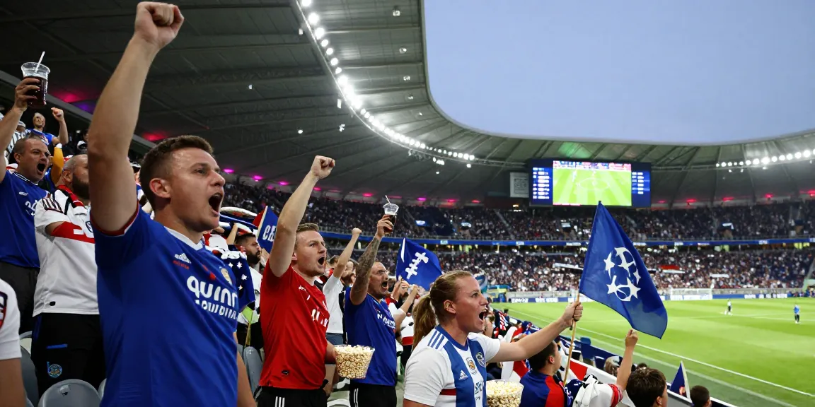 Supporters enthousiastes dans un stade pendant un match de la Ligue des champions de l'UEFA, encourageant leur équipe et créant une ambiance électrisante.