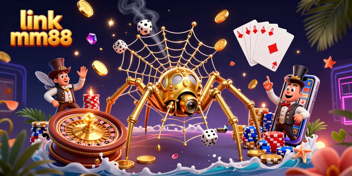 Experience thrilling gaming adventures at link mm88 with a 3D steampunk spider and poker elements.