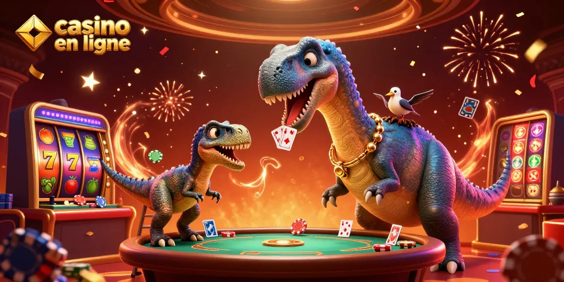 Illustration festive de casino en ligne avec un brontosaurus et un raptor distribuant des cartes.