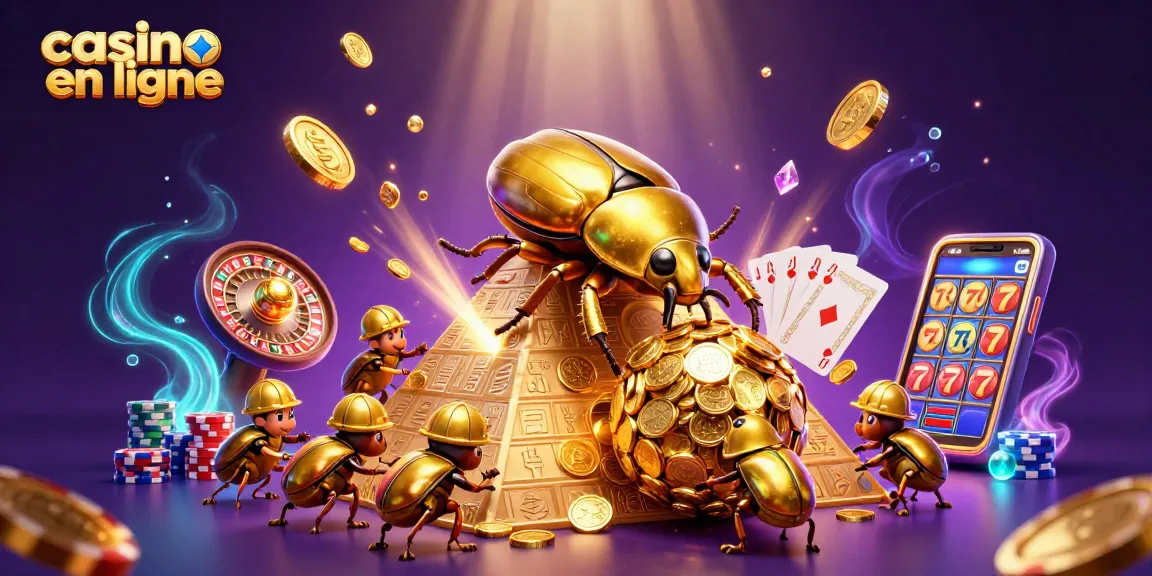 Roulez vers le succès dans un casino en ligne avec des symboles anciens et des coccinelles dorées.