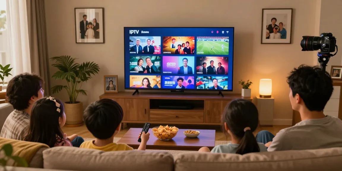 Famille profitant de l'abonnement Atlas pro ontv dans un salon chaleureux avec un grand téléviseur.
