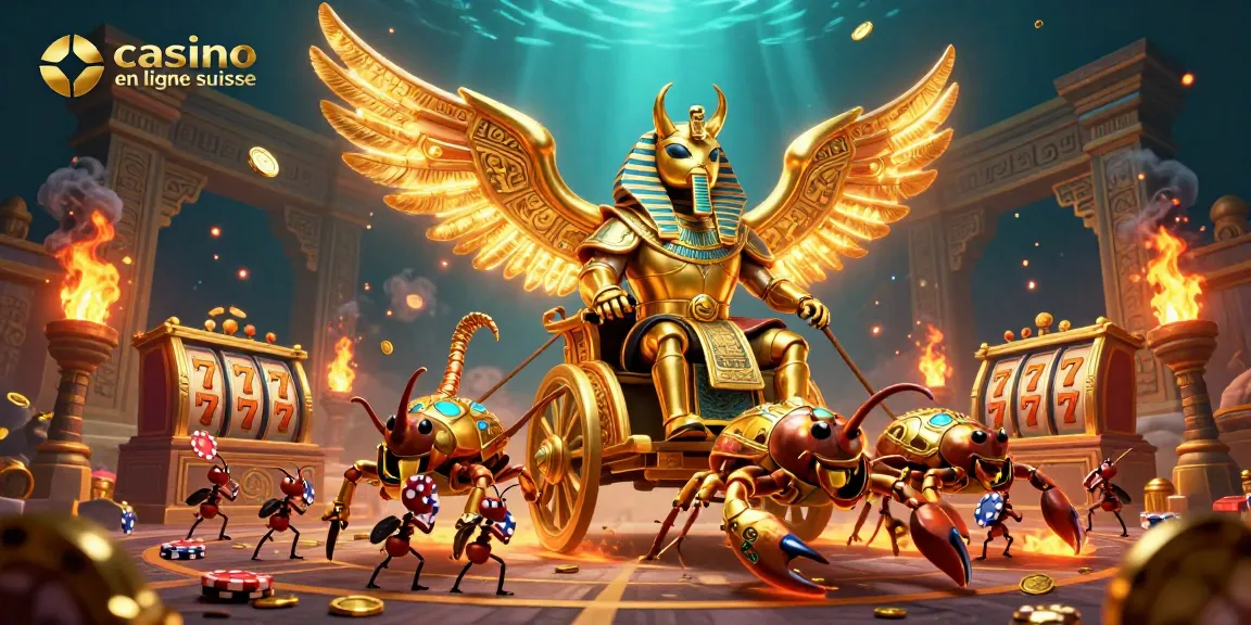 Visuel captivant de casino en ligne suisse avec un scarabée colossal en armure, jetant des jetons de poker.
