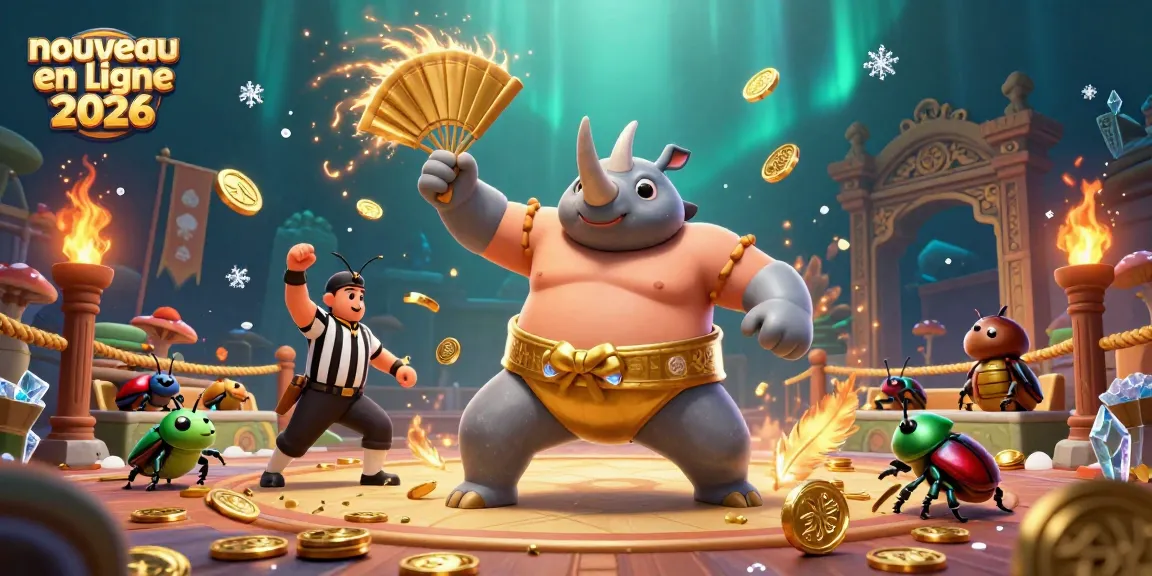 Illustration d'un nouveau casino en ligne 2026 avec un rhinocéros scarabée sumo, accompagnés de spectateurs autour.
